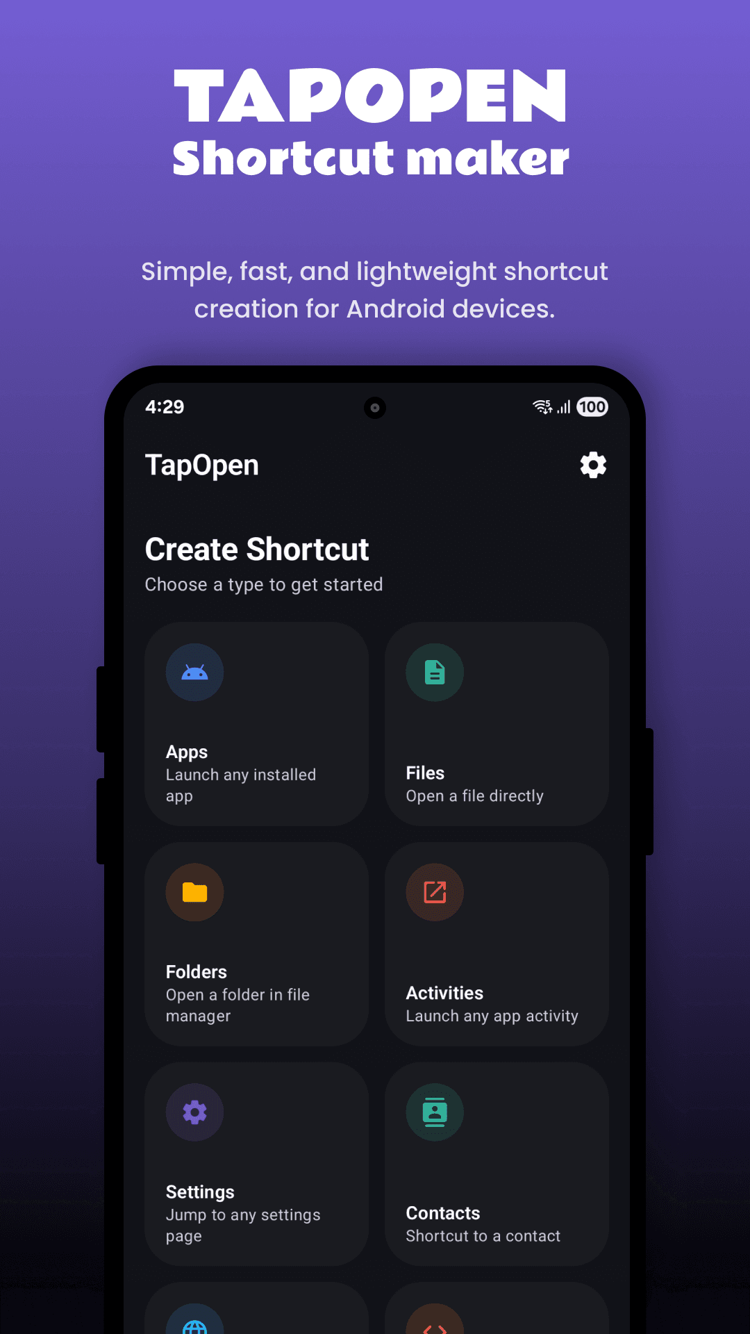 TapOpen Create Shortcut screen with Apps, Files, Folders, Activities, Settings and Contacts