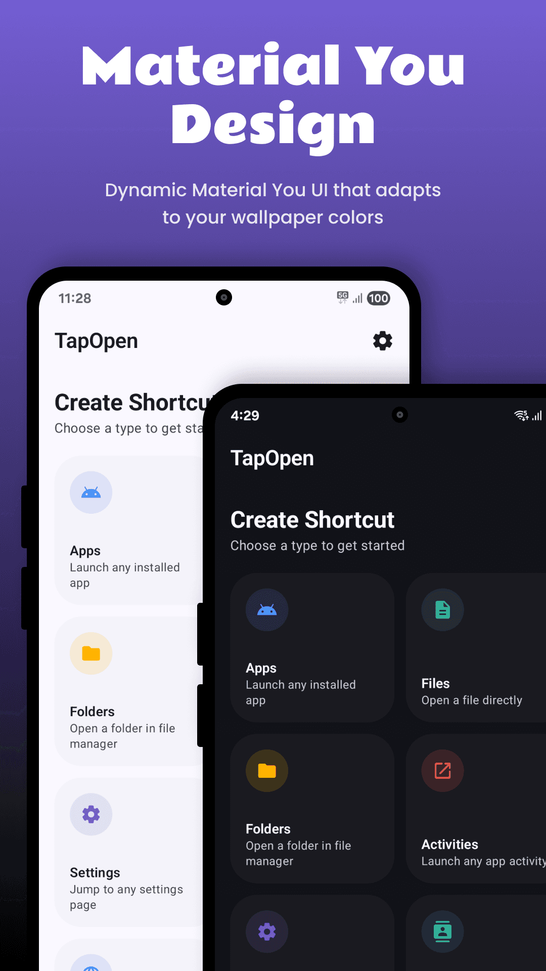 TapOpen shortcut maker in light theme and dark theme side by side